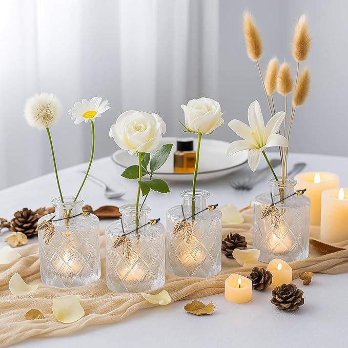 Glass Reed Diffusers Bottles for Home, Diffuser Bottles with 40PCS Reed Diffuser Sticks, Vintage Embossed Apothecary Style Flower Bud Vases with Cork Lids, Set of 6（Small Leaves ）