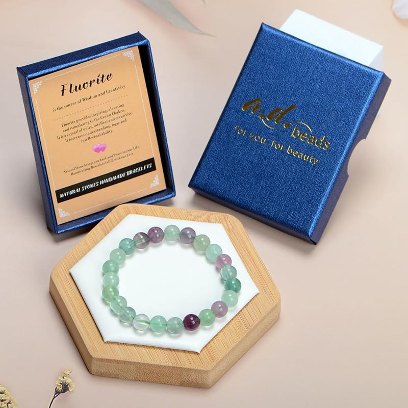 AD Beads Handmade Gemstone Stretch Elastic Bracelet Crystal Healing Reiki Nature's Beauty and Spiritual Essence Unisex (12mm, Fluorite)