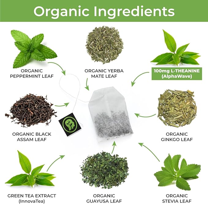 CogniTea Productive Energy Tea - Enhanced Focus & Energy with 100mg L-Theanine, 90mg Caffeine Organic Guayusa & Yerba Mate, Assam Black Tea - Crash-Free Cognitive Boost