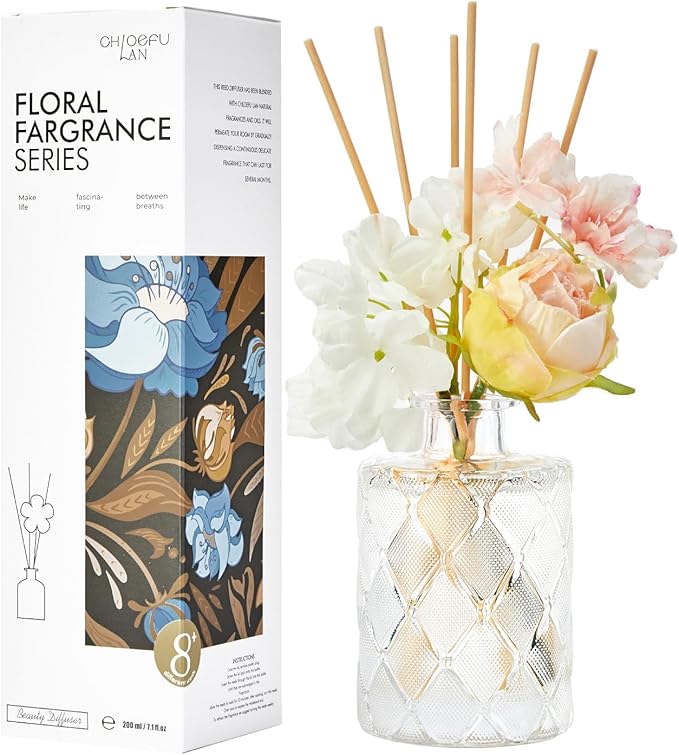 Chloefu Lan Creamy Vanilla Reéd Diffuser, Milky Coconut, 6.7 oz Flower Diffuser with Sticks, Modern Farmhouse Decor, Bathroom & Office Decor, Room Freshener