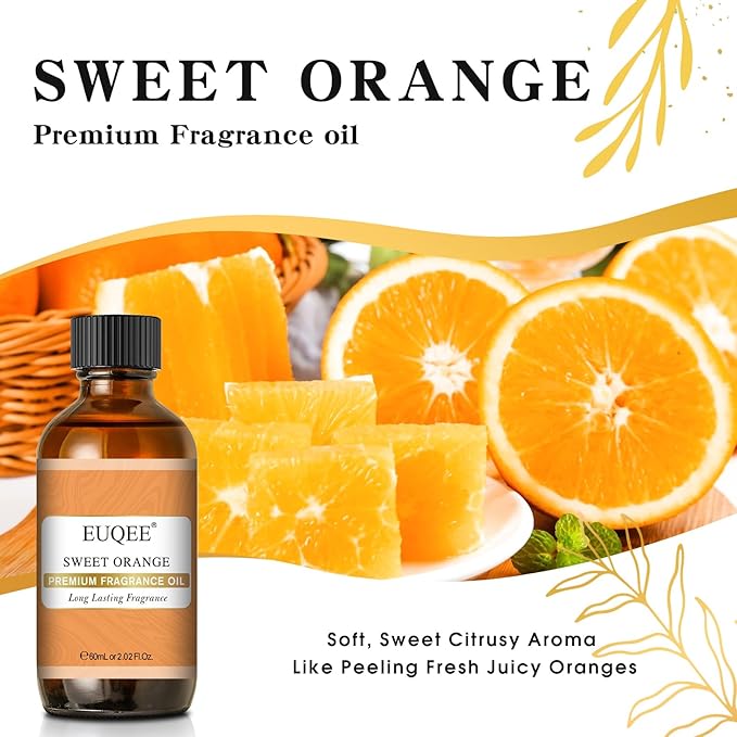 EUQEE Sweet Orange Fragrance Oil 60ml with Glass Dropper, Essential Oils for Diffusers, Candle & Soap Making, Home Scents, Bath Bombs (2.02 Fl oz)