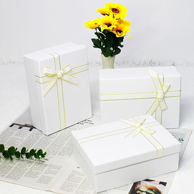 Eerbaier White Gift Boxes with lids - 3 Pack 8.8x6.3x3.5 Inches Present Box with Raffia Paper Fill and Greeting Card - Premium Cardboard Gift Boxes for Presents