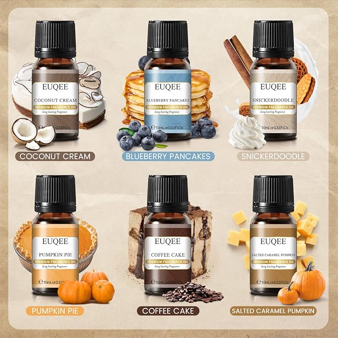 EUQEE 6PCS Premium Fragrance Oils for Homemade Bread-10ml-Pumpkin Pie, Coconut Cream, Snickerdoodle, Coffee Cake, Blueberry Pancakes, Salted Caramel Pumpkin