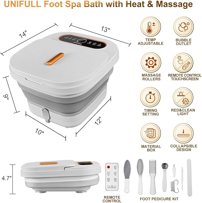 Collapsible Foot Spa Bath with Heat, Touch Screen, Remote Control, Massage Rollers, Timer, Bubble, Foot Pedicure Kit, Temperature Control Pedicure Foot Spa, Foot Bath