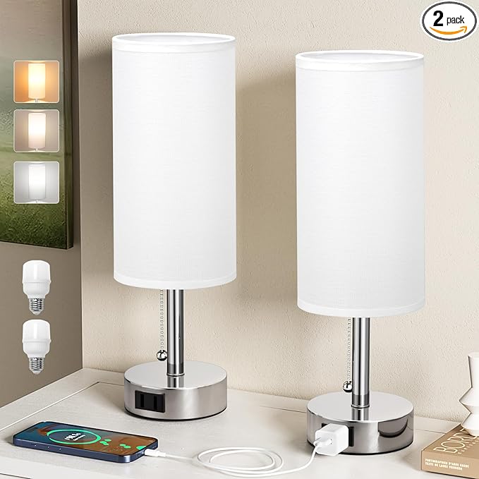 Fenmzee White Silver Bedside Table Lamps Set of 2-3 Color Temperatures Pull Chain Lamp with AC Outlet Charging Port, Two Round Night Stand Lamps for Bedroom, Small Bed Side Light with E26 LED Bulbs