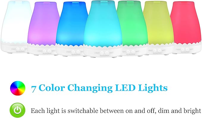 Elevon Essential Oil Diffuser, Aromatherapy Diffuser with Adjustable Mist Mode, 7 Color LED Lights, Waterless Auto Off for Bedroom, Home Office, Travel