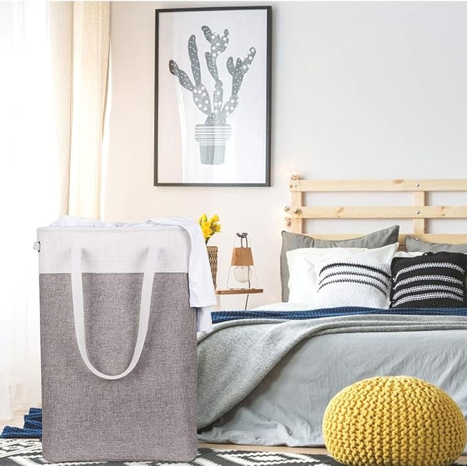 i BKGOO Laundry Basket with Handles white&Grey Coffee-Slim Laundry Bin Collapsible Dirty Clothes Basket Narrow Laundry Bag Foldable Dirty Hamper for Camping, Dorms, Apartments