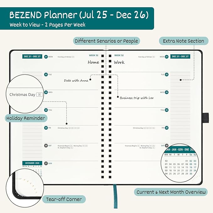 BEZEND 2026 Planner Weekly and Monthly (8.5" x 11"), Large 2-Column Calendar Book (Jul 25-Dec 26), Dual Schedule for Daily Appointment, Easy Track Tabs, Spiral, PU Leather Softcover, Fruit Green