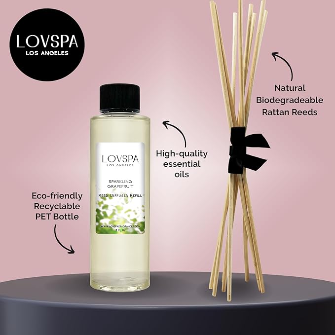 LOVSPA Sparkling Grapefruit Diffuser Oil - Luxury Essential Oils for Diffuser Refill & Air Freshener Room Spray - Long-Lasting & Natural Home Fragrance, Scented Oil for Diffusers, USA Made, 4oz