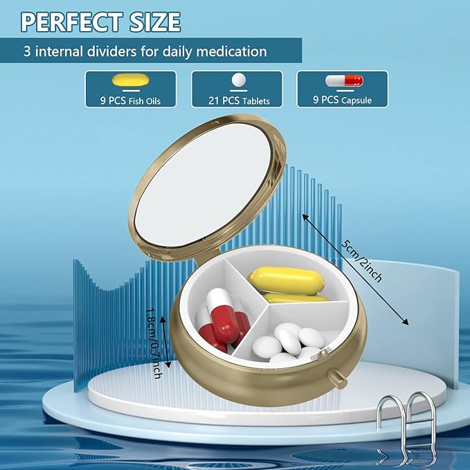 Hion Pill Case Pill Box with Mirror Retro Small Pill Case for Purse or Pocket Bronze Pill Box or Vitamins, Fish Oil, Supplements, Pill Containe Travel Gifts (2PCS)