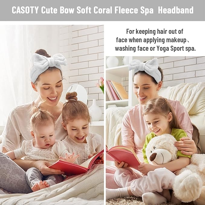 Casoty 8 Pcs Grey Spa Hair Bands for Women, Bow Fleece Headbands for Makeup, Shower, Yoga, and Skincare