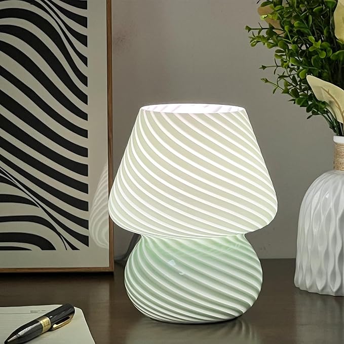 jonong Bedside Lamp Glass Striped Mushroom Table Lamp with 3 Color Modes LED Small Decorative Table Lamp for Gift Present,Suit for Bedroom, Living Room, Home Decor, Baby, Kids, Women (Green)