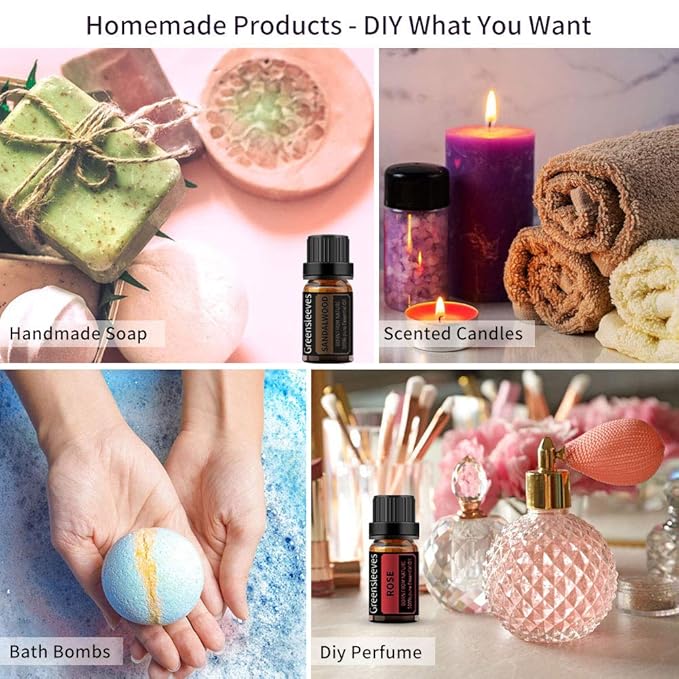 GREENSLEEVES Rose Sandalwood Essential Oil Set, 2 x 10ml Pure Plant-Based Fragrance Oil for Aromatherapy, Essential Oils for Diffuser, Massage, Bath Bomb, Scented Candle Soap Making