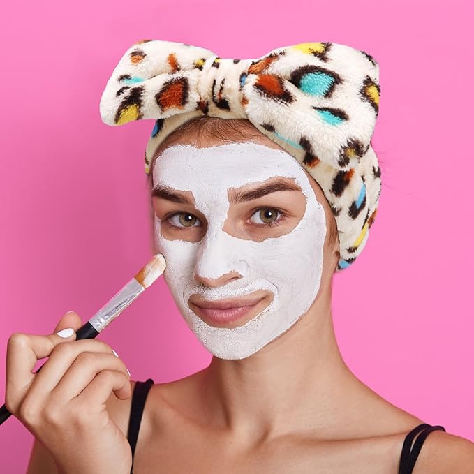 Velscrun 6 Pack Spa Headband, Makeup Headband, Face Wash Headbands, Skincare Headbands, Sponge Hair Band Bow Tie Spa Head Band for Washing Face Wristband Set Hair Accessories for Women Gifts Leopard D