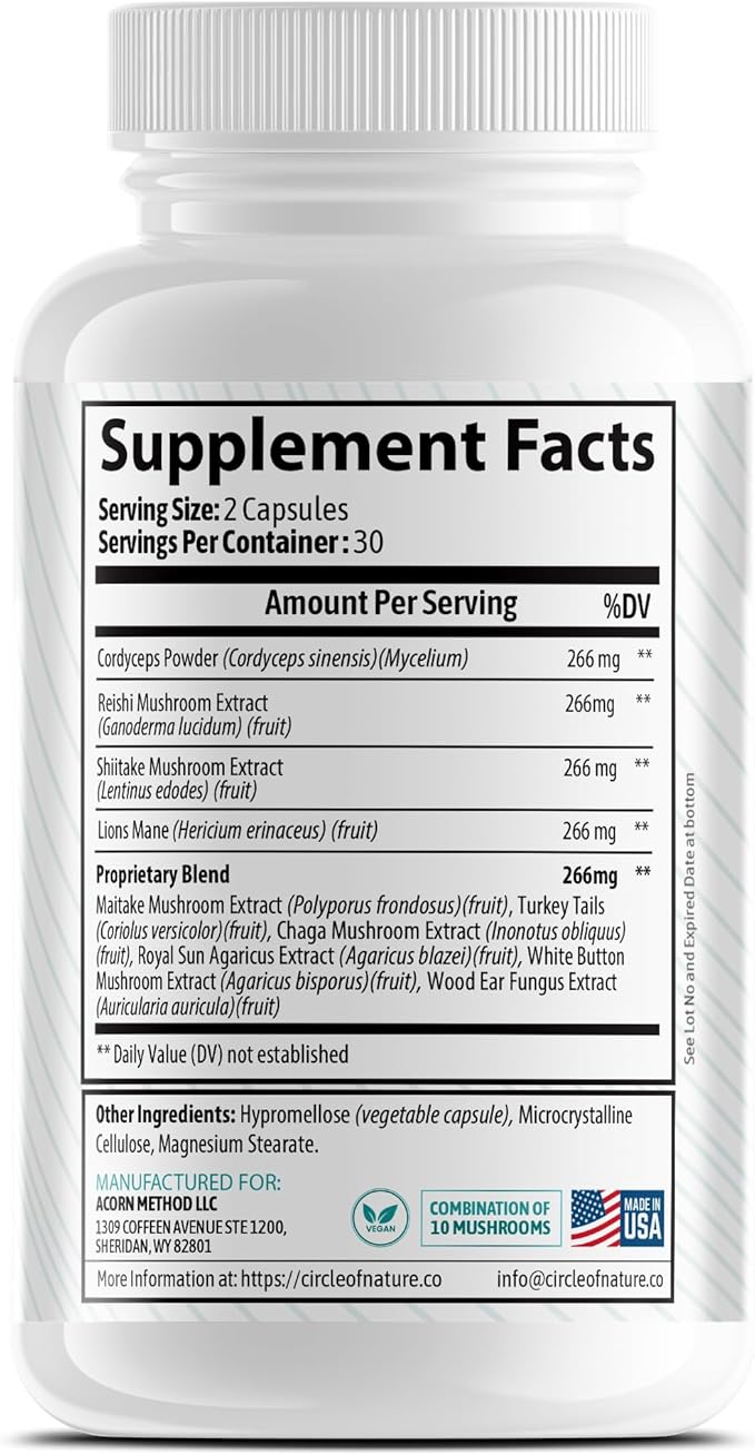 Brain Booster Mushroom Complex Supplement, Natural Mood Uplifter with 10 Function Mushrooms, Lions Mane, Reishi, Cordyceps and 7 More in Capsules 1330mg Made in USA, 60 Capsules