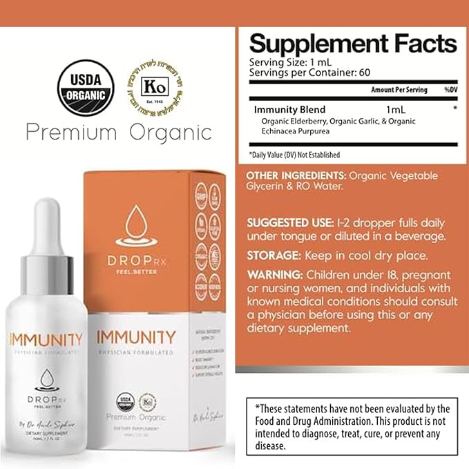 DropRx Immunity by Dr. Nicole Saphier – Elderberry, Echinacea & Garlic Supplements for Immune System Support, Organic, Non-GMO, Vegan, Gluten-Free, Kosher, Made in USA (2 Fl Oz)