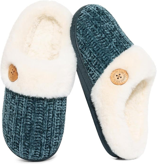 Evshine Warm Knit House Slippers for Women Comfy Wool-Like Lined Chenille Slippers with Memory Foam and Indoor Outdoor Soles
