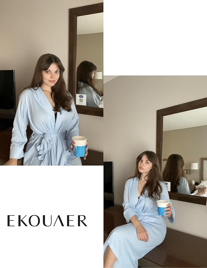 Ekouaer Robes for Women Long Waffle Knit Bathrobe Lightweight Kimono Robe Soft Shawl Collar Spa Robes with Pockets S-XXL