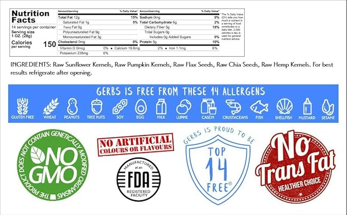 Gerbs Super 5 Seed Snack Mix 14 oz. | Raw, No Additives, Resealable Bag | Crunchy Pumpkin, Sunflower, Flax, Chia & Hemp Blend | Top 14 Allergen-Free