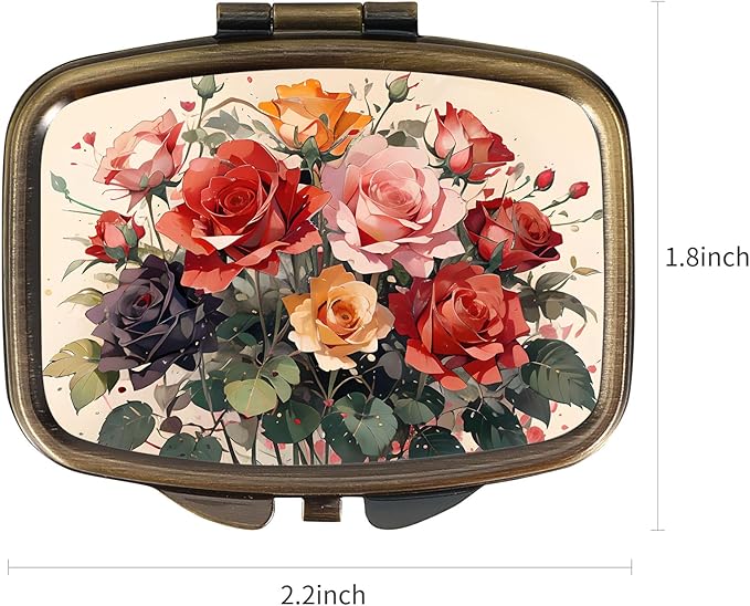 Dynippy Pill Case Pill Box with Mirror Retro Pocket 2 Compartment Medicine Case Vitamin Pill Organizer for Pocket Purse and Travel (Cute Flower)