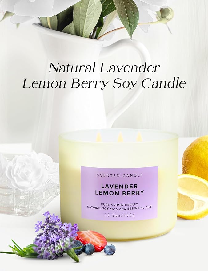 Lavender Lemon Berry Scented Candle | Large Aromatherapy Stress Relief 3 Wick Candles | Highly Scented Soy Candle for Home 15.8 oz | Soothing & Long Lasting Calming Lavender Candles for Women & Men