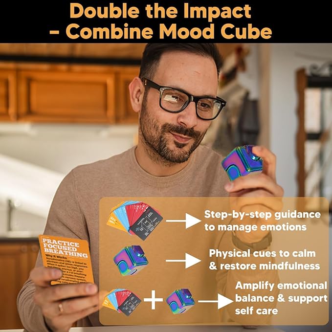 Self Care Cards for Anxiety Relief with MoodCube Spinner, Science-Based Emotion Therapy Tools for Adults & Teens, 45 Mindfulness & Meditation Exercises for Depression, Great Relaxation Gift