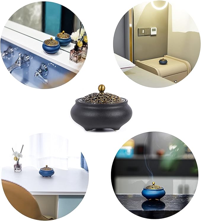 Cone Incense Burner Gift Set – Ceramic Burner with Metal Lid, Holder & Fireproof Cotton – for Stick, Cone & Coil (Black)