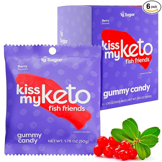 Kiss My Keto Sugar Free Gummies, Gummy Fish 6-Pack – Satisfy Cravings while Staying in Ketosis – High Fiber, 2g Net Carbs, Non-GMO, Vegan, & No Gluten – Calorie-Friendly Vegan Candy