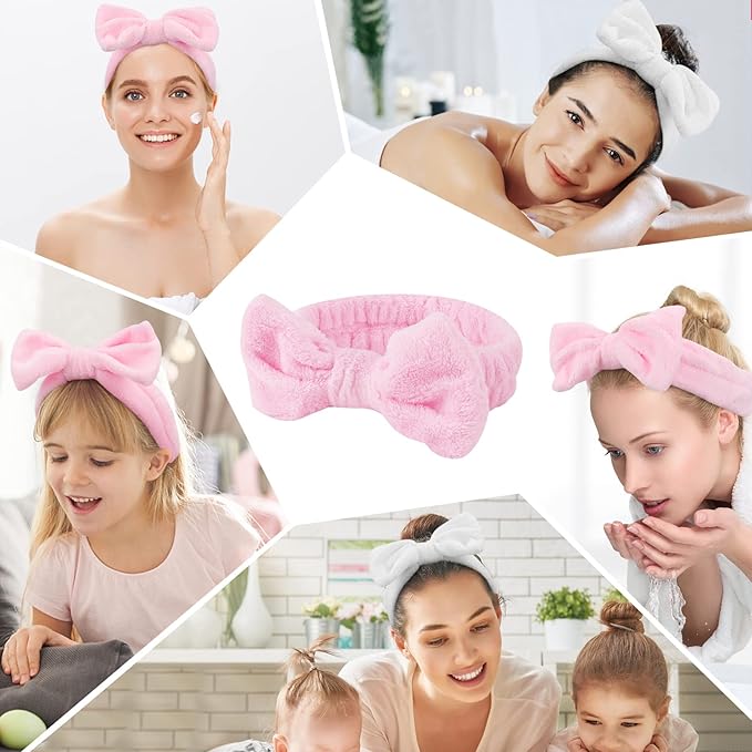 Casoty Spa Headband, 6 Pcs - Soft Coral Fleece Hair Band for Face Washing, Skin Care, Makeup, Shower, Yoga, with Bow Knot, One Size Fits All, Good Elasticity