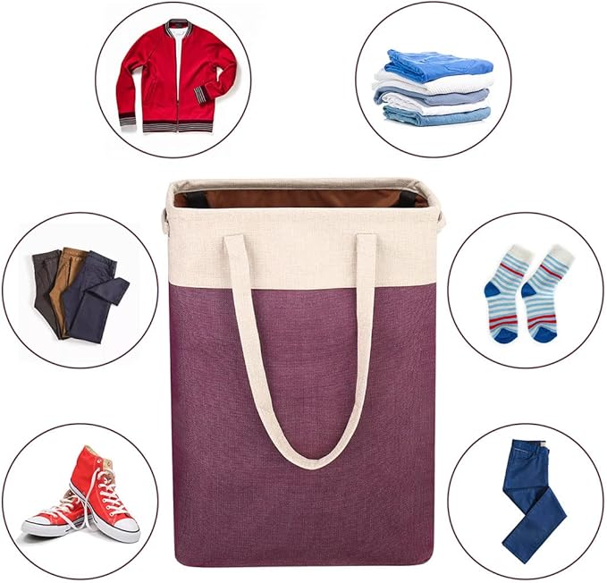 i BKGOO Laundry Basket with Handles Beige&Burgundy Slim Laundry Bin Collapsible Dirty Clothes Basket Narrow Laundry Bag Foldable Dirty Hamper for Camping, Dorms, Apartments