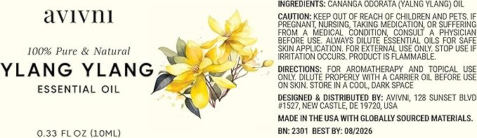 Avivni Ylang Ylang Essential Oil - 100% Pure & Natural, Organic, Undiluted for Aromatherapy, Hair, Diffuser (0.33oz - 10ml)