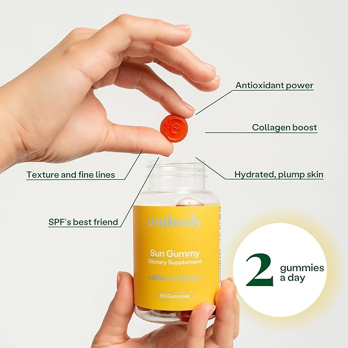 Embody Antioxidant Sun Gummy, Orange Pineapple Flavor, Fern Extract Supplement for Anti-Aging, Dark Spots, Healthy Skin - Promotes Collagen Production, Vitamin C, Selenium (60 Count, Orange Pineapple)