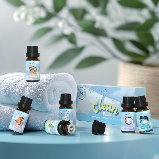 Clean Essential Oils Set, SNOWSEN Fragrance Oil for Diffuser, Wool Dryer Balls, Candle, Soap Making, Fresh Cotton, Fresh Linen, Lemongrass, Soft Powder, Lavender Laundry, Blossom Soap Scented Oil