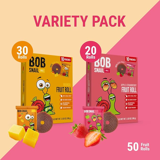 Bob Snail Exotic Mix Fruit Roll Ups – Healthy Sweets, Real Dried Fruits Snacks, No Added Sugar, Vegan, Nut Free, Candy for Adults and Kids – Flavour 50 pcs, 500g (Mango & Strawberry)