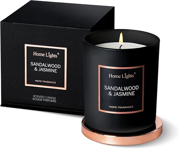 HomeLights Luxury Scented Candle, Natural Soy Wax, Home Fragrance Decor Gift, Sandalwood & Jasmine, Medium Jar