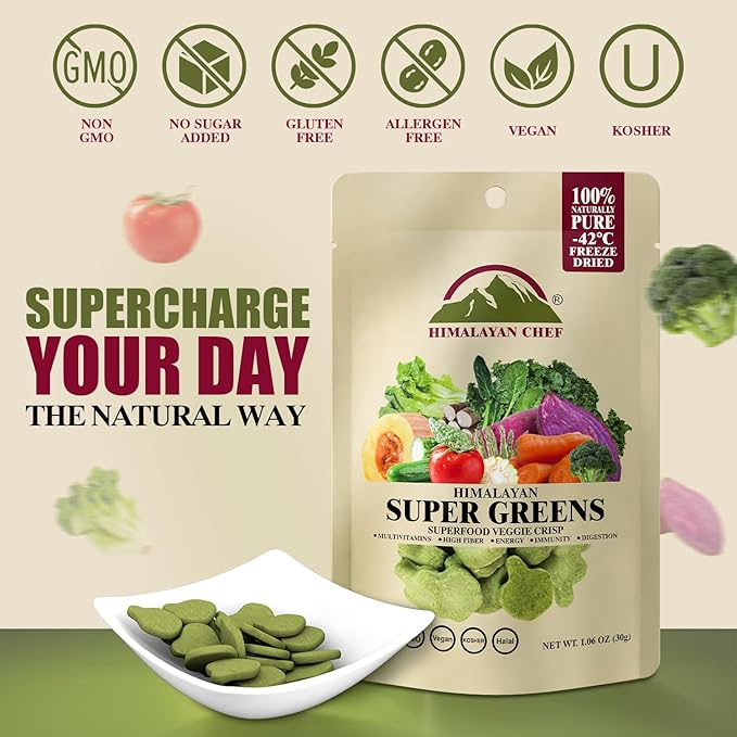 Himalayan Chef Superfood Veggie Crisp 30g each Freeze-Dried Super Greens Snack 30+ Organic Green Veggie Mix Protein-Rich, Nutrient-Packed, Gluten-Free