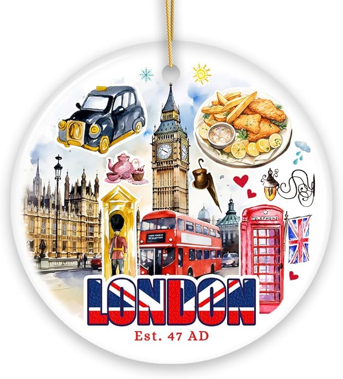 Classic London Artwork City Full of Landmarks Ornament, Vintage Souvenir of England