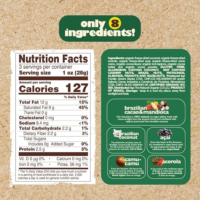 Naturanic Brazilian Dark Chocolate Covered Freeze-Dried Coconut Snack, Zero Carb, Keto Friendly, No Sugar, All Natural, Organic, Vegan - Pack of 2