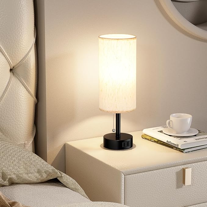 Fenmzee Bedside Table Lamp for Nightstand - 3 Color Temperatures Pull Chain Lamp with AC Outlet Charging Port, Round Night Stand Light for Bedroom Living Room, Small Bed Side Light with E26 LED Bulb