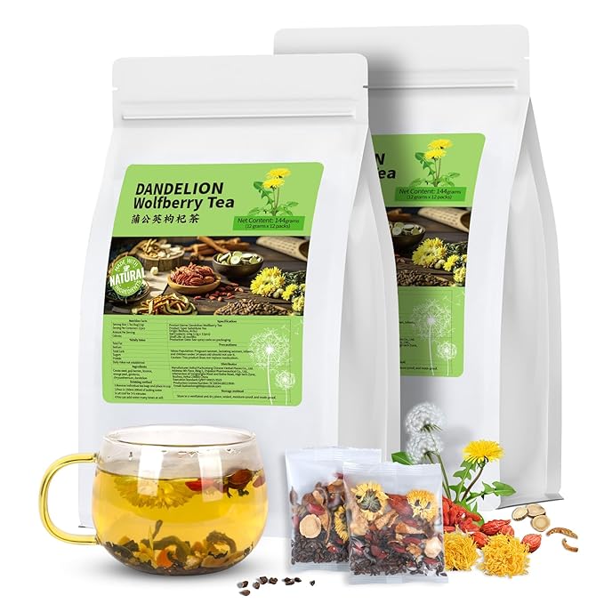 Dandelion Wolfberry Tea, Chinese Traditional Seven Natural Herbs Formula Blend Support Kidney & Liver Health Dandelion Root Tea Bags (2 Pack/24 Bags)