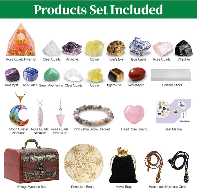 28 Pcs Healing Crystals and Stones, Chakra Crystal Set, 7 Chakra Stones Crystals Kit Pyramid Natural Real Raw Selenite Reiki Mditation for Beginners with Wooden Box, Crystal Gifts for Women