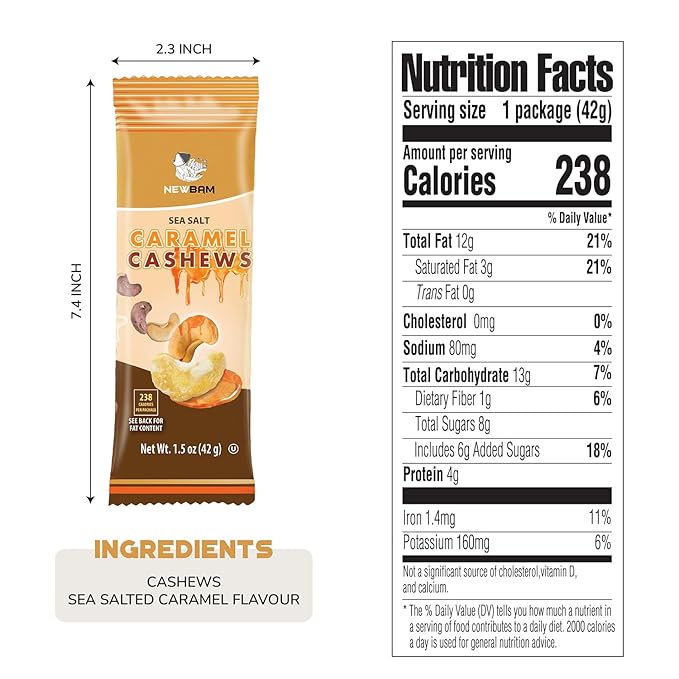 NEWBAM Sea Salt Caramel Cashews Individual Packs - 12 Cashew Snack Packs Roasted Nuts (1.5oz Each) – Keto, Vegan, Gluten-Free - Healthy Snacks for Trail Mix, Office, or Party - Lightly Salted, Sweet Tasty