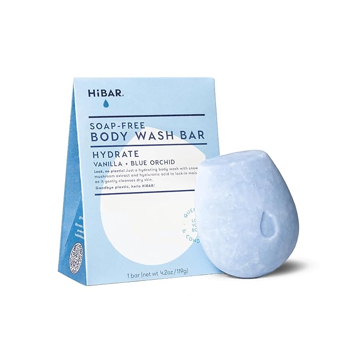 HIBAR - Hydrate Solid Body Wash Bar - Moisturize & Quench - Snow mushroom and hyaluronic acid - Daily Use & Sensitive Skin - Plastic, Paraben & Soap-Free - Vegan - Vanilla + Blue Orchid