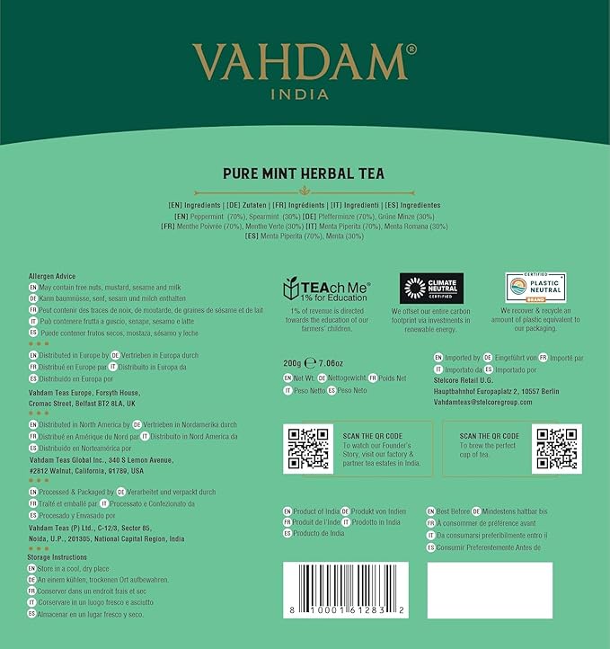 VAHDAM, Pure Mint Herbal Tea (100 Pyramid Tea Bags) Caffeine Free, Non GMO, Gluten Free | Blend of Spearmint & Peppermint - Sweet & Minty | Resealable Ziplock Pouch