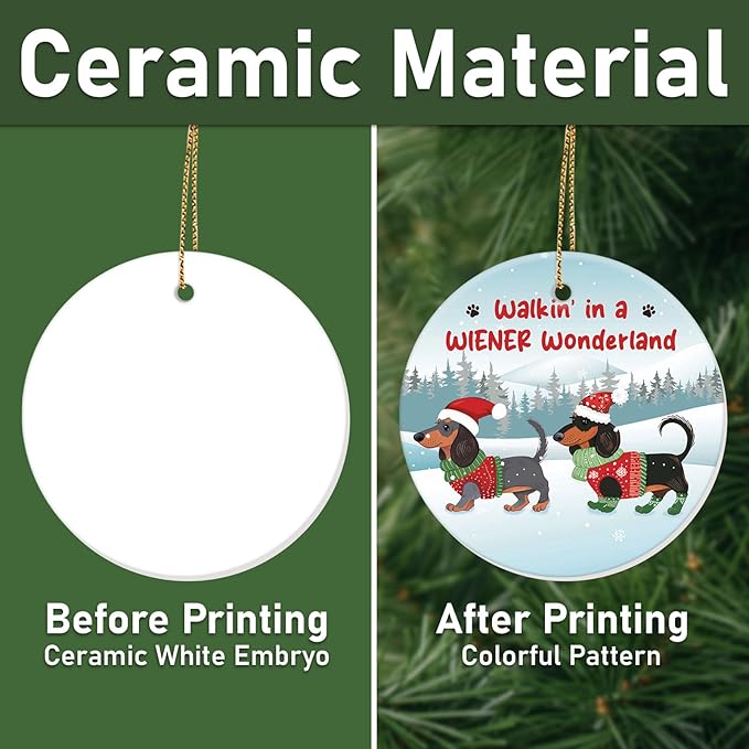 34HD Gifts for Christmas, Santa Dachshund Christmas Ornament Ceramic 2-Side Printed, Dachshund for Men Women, Christmas Hanging Decorations