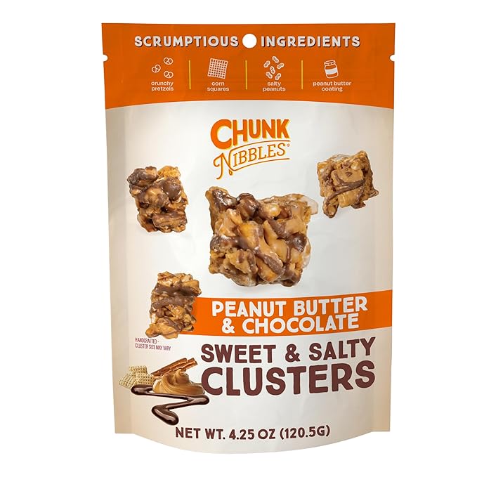 Chunk Nibbles Peanut Butter Chocolate Snack Clusters - Gourmet Sweet & Salty Treat with Pretzels, Peanuts & Corn Squares - Handcrafted, No Artificial Colors - 4.25oz Resealable Pouch (3 Pack)