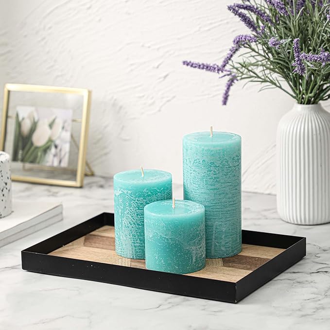 3x3 Inch Turquoise Pillar Candles Set of 3 - Unscented Candles, Long Clean Burning, Large Big Candles, Smokeless Dripless Pillar Candles for Dinner Table, Wedding, Home, Bathroom, Rustic Decor