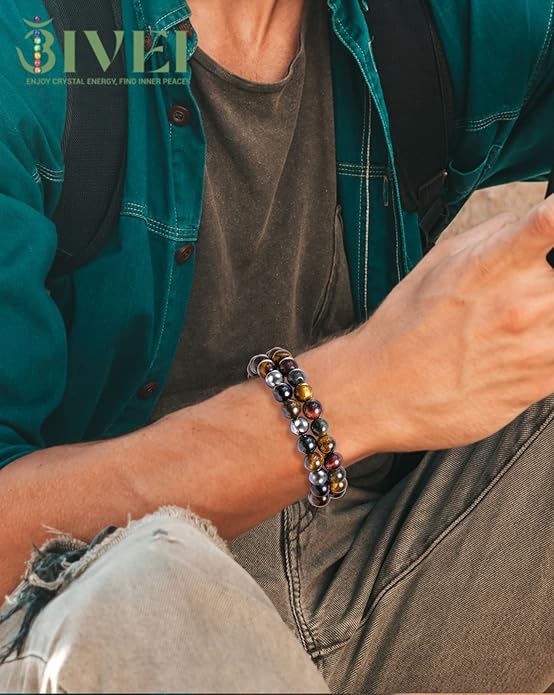 Bivei Natural Gemstone Semi Precious Healing Crystals Handmade Stretchy Round Beads Bracelet, Enhance Positive Energy