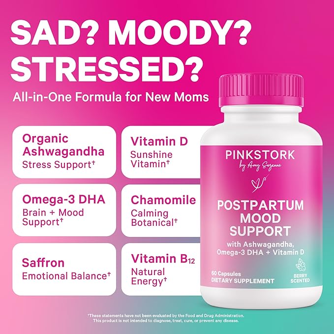 Pink Stork Postpartum Mood Support - Postnatal Hormone Balance for Women - Breastfeeding Friendly - Stress & Cognitive Support, New Mom Essentials - Ashwagandha, Chamomile, & Vitamin D, 120 Capsules