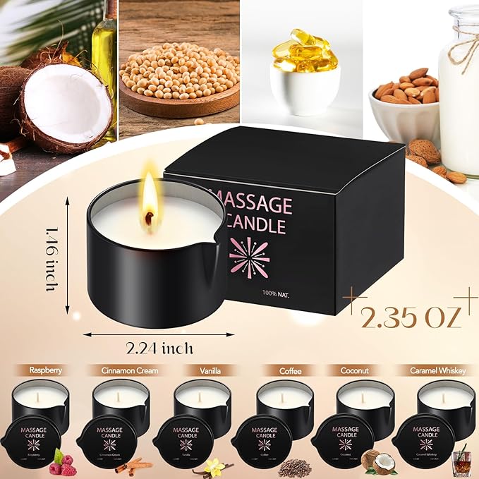 Nuanchu 6 Pcs Massage Oil Candle, 2.35 oz Ignite Low Temp Scented Body Oil Candles for Massage Therapy Soy Based Christmas Home Gift Spa Use 6 Scent